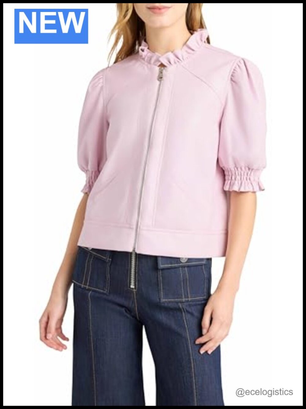 Vegan Leather Anabella Jacket Zip Front Ruffle Trim Short Sleeve